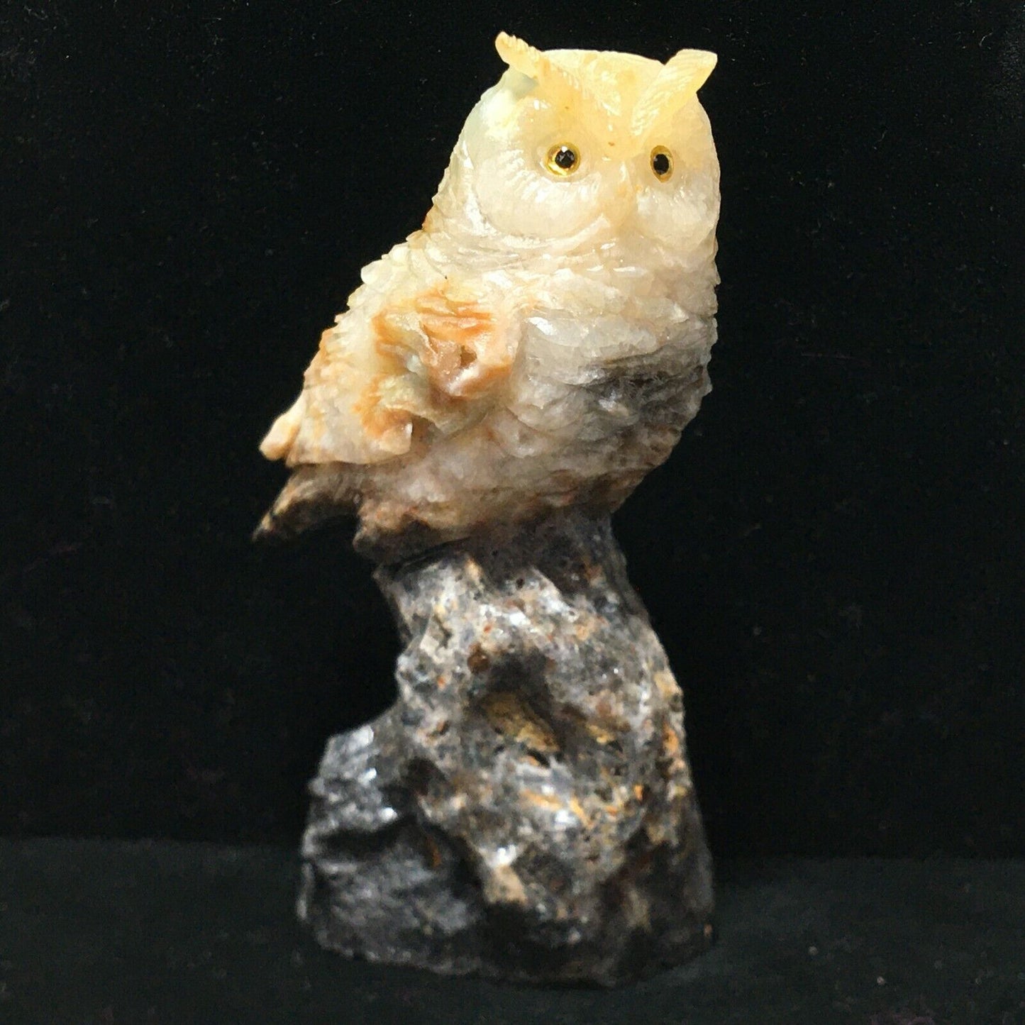 Rare Amazonite Horned Owl with Pyrite, Quartz Crystals, 60mm Tall, 127g (Orange)