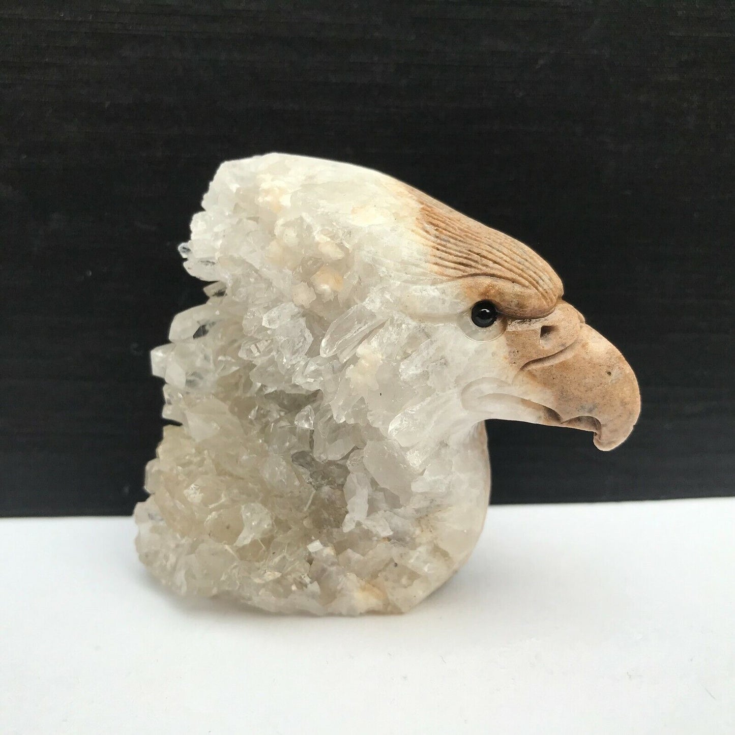 Unusual Stone Eagle with Quartz Crystals, 64mm Tall, 219g (Brown White)