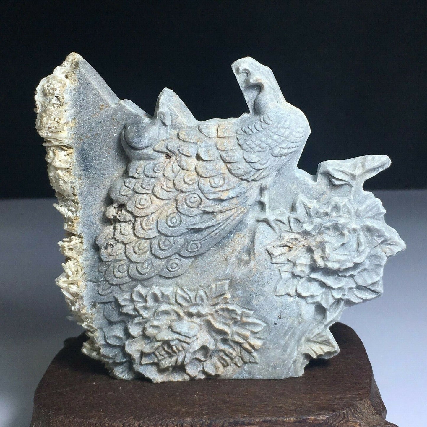 Unusual Stone Peacock with Quartz Crystals, 15mm Tall, 174g (Blue, Gray, White)