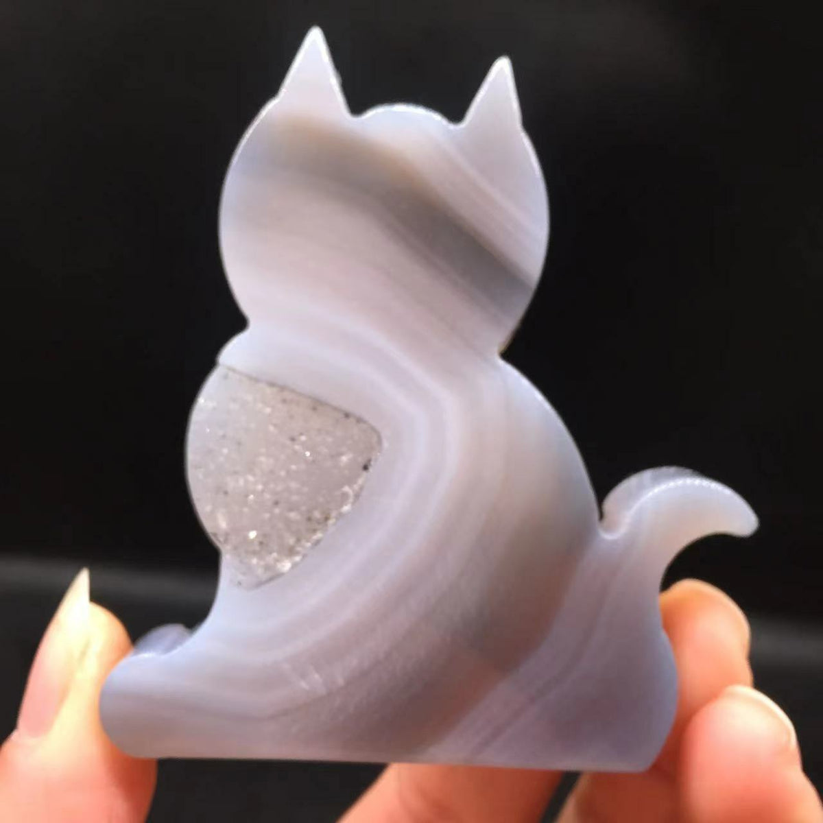 Unusual Agate Geode Cat with Solid Crystals, 11mm Tall, 86g (White)