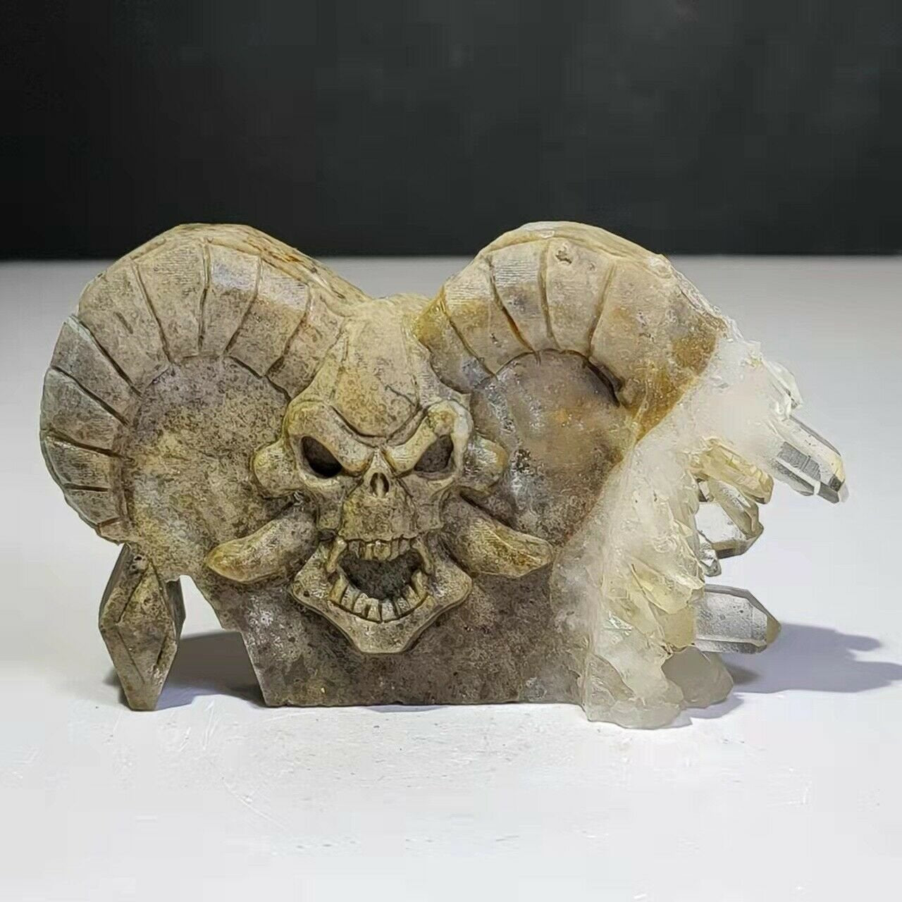Common Stone Demon Skeleton with Quartz Crystals, 17mm Tall, 135g (Brown)