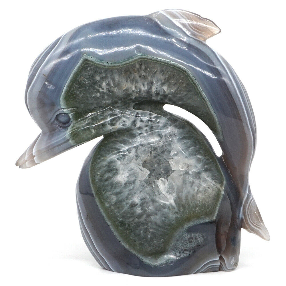 Stunning Agate Dolphin with Quartz Crystals, 115mm Tall, 657g (Blue)