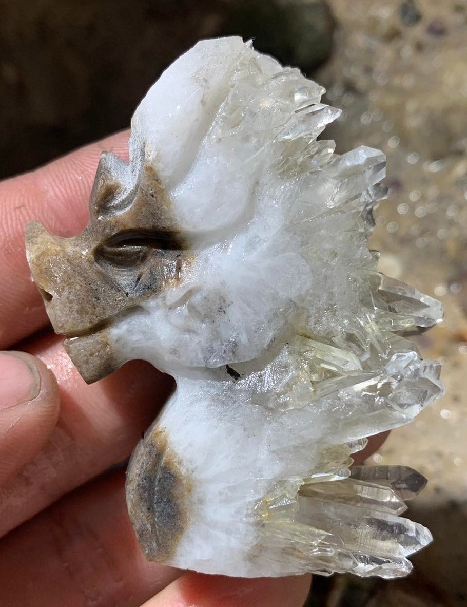 Rare Stone Dragon with Quartz Crystals, 25mm Tall, 80g