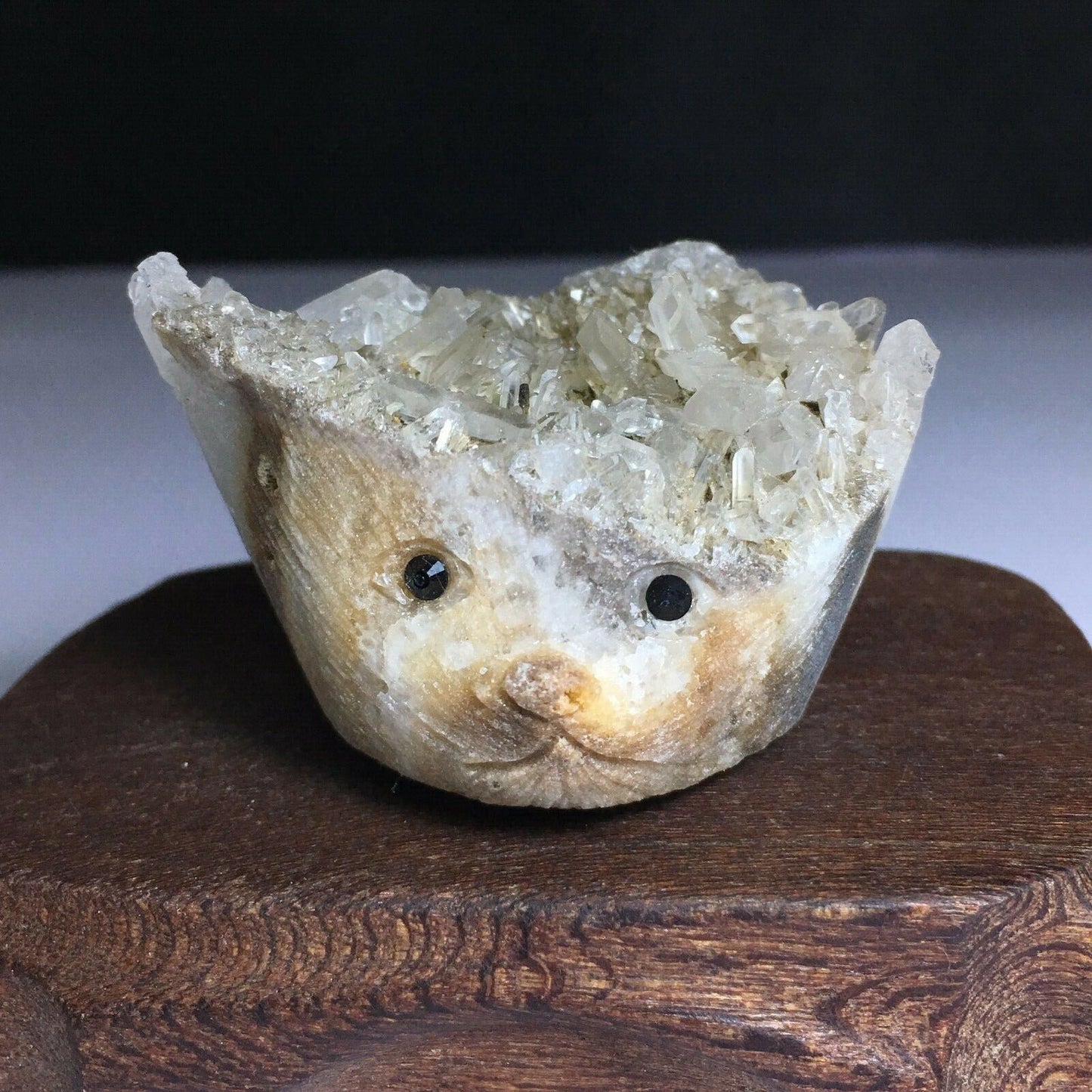 Rare Stone Hedgehog with Quartz Crystals, 33mm Tall, 133g