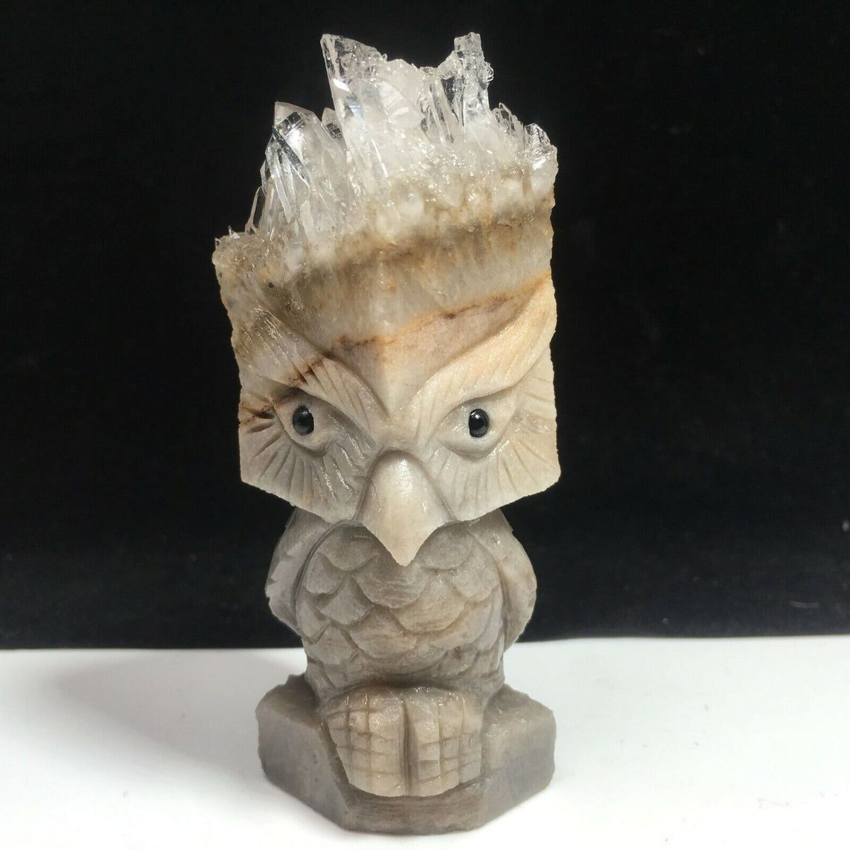 Unusual Stone Owl Totem with Quartz Crystals, 93mm Tall, 149g (Brown, Gray, White)