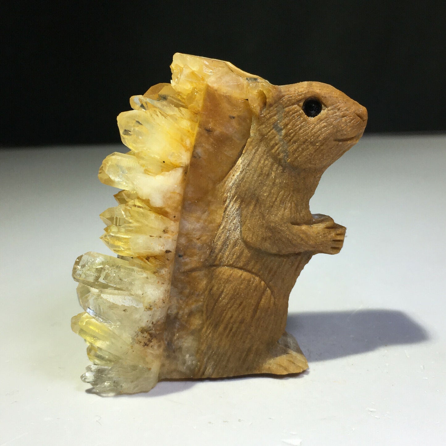 Common Stone Squirrel with Quartz Crystals, 18mm Tall, 100g (Yellow, Orange)