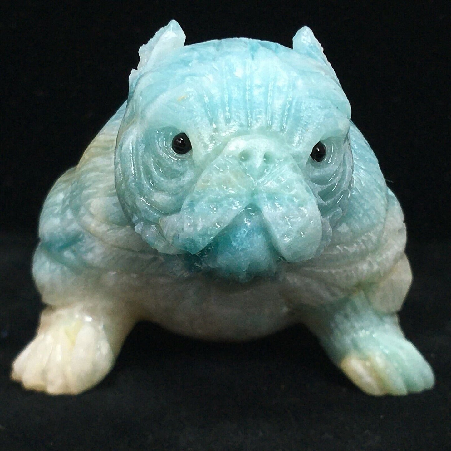 Rare Amazonite Bulldog Dog with Geodic Quartz Crystals, 43mm Tall, 162g (Blue, Yellow, White)