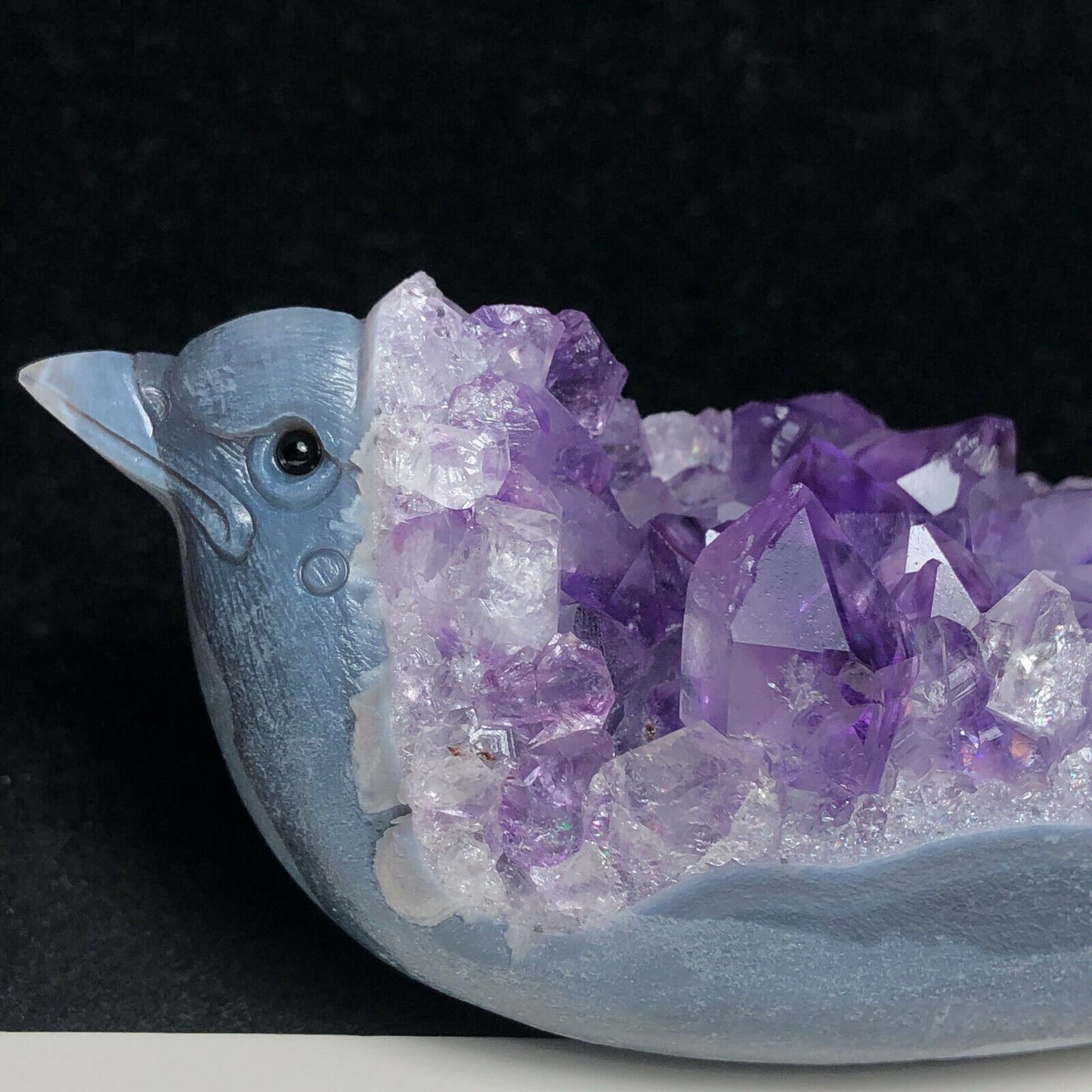 Rare Agate Bird with Amethyst Crystals, 43mm Tall, 148g (Purple, Blue, Gray)