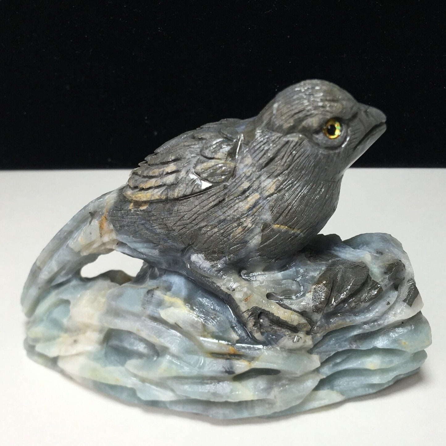 Rare Amazonite Bird with Geodic Quartz Crystals, 70mm Tall, 283g (Blue, White, Brown, Black)