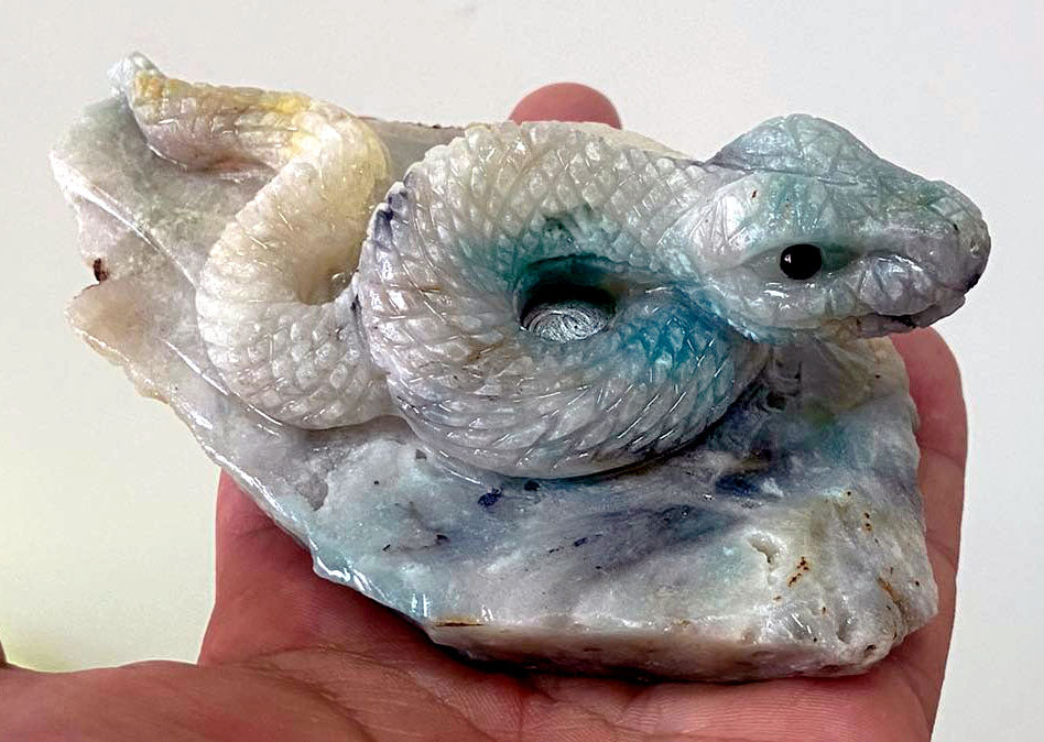 Stunning Amazonite Snake with Quartz Crystals, 48mm Tall, 334g (Blue, Purple, Yellow)