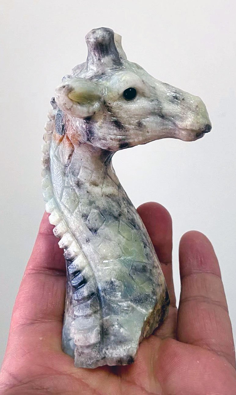 Rare Amazonite Giraffe with Geodic Quartz, Pyrite Crystals, 109.42mm Tall, 230g (Blue, White, Orange)
