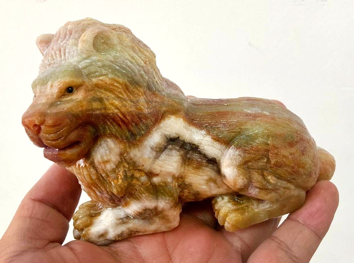 Precious Amazonite Lion with Geodic Quartz Crystals, 90mm Tall, 608g (Orange, Yellow, Brown)