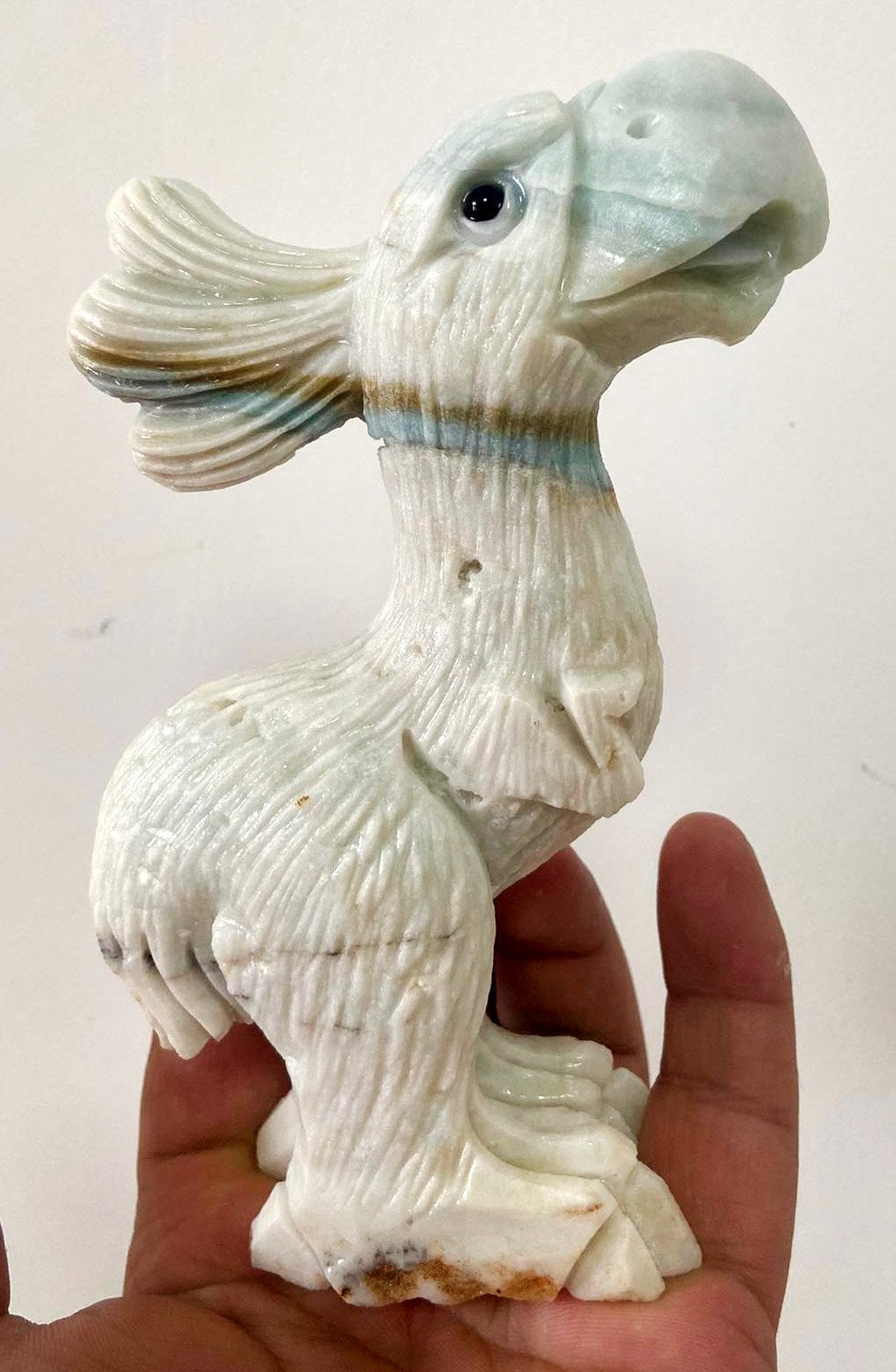 Rare Amazonite Moa Bird with Geodic Quartz Crystals, 138mm Tall, 327g (White, Blue, Yellow)
