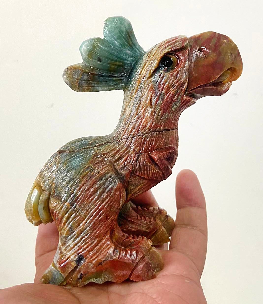 Rare Amazonite Moa Bird with Geodic Quartz Crystals, 118.99mm Tall, 344g (Red, Orange, Blue, Green)