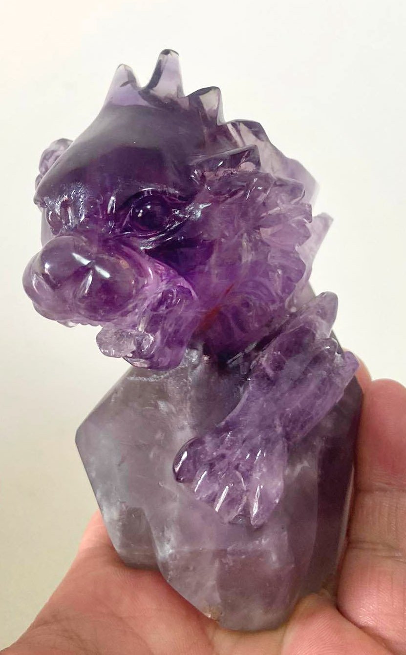 Exquisite Amethyst Lion with Solid Crystals, 112mm Tall, 475g (Purple, Clear)