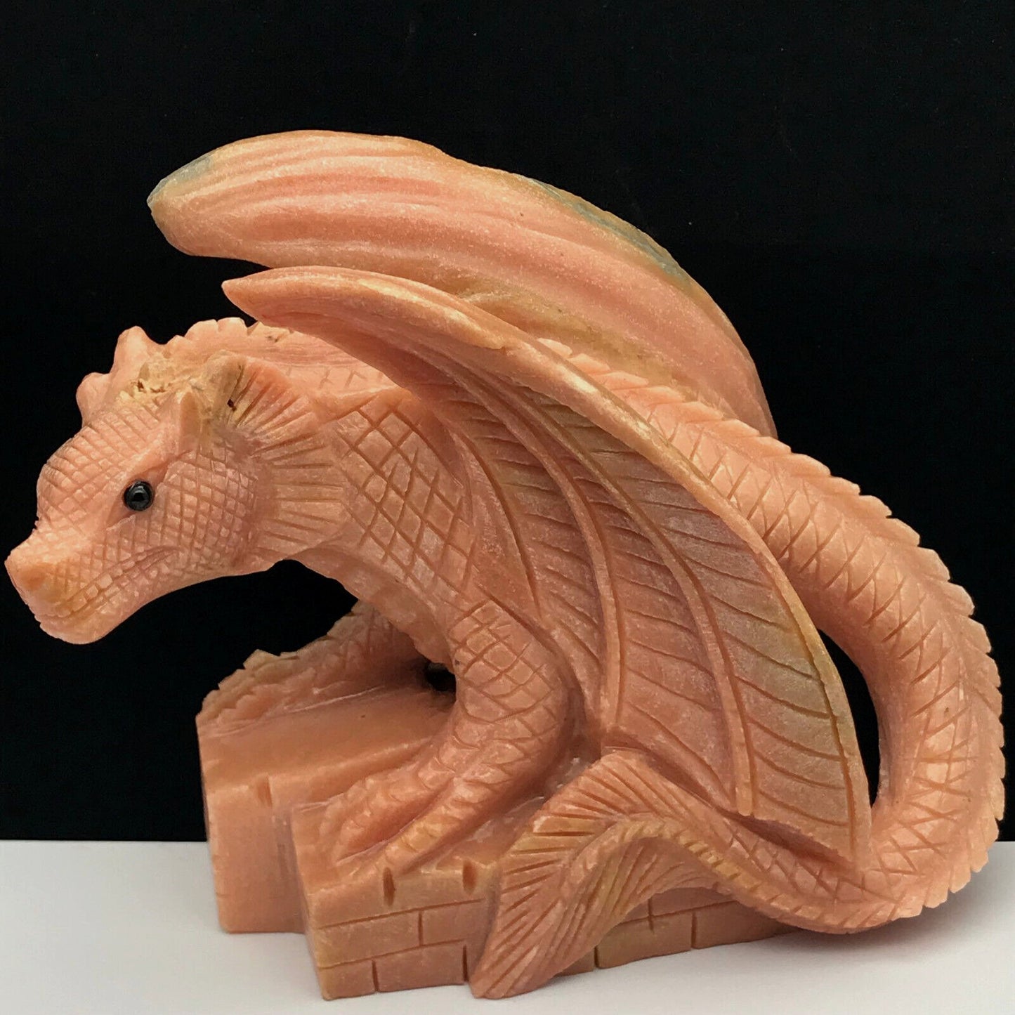 Exquisite Pink Dolomite Marble Dragon with Geodic Quartz Crystals, 120mm Tall, 1013g (Orange, Yellow, Black)