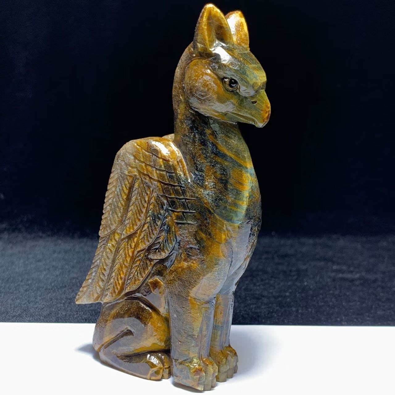 Precious Tigereye Gryphon with Solid Crystals, 120mm Tall, 242g (Black, Orange, Grey)
