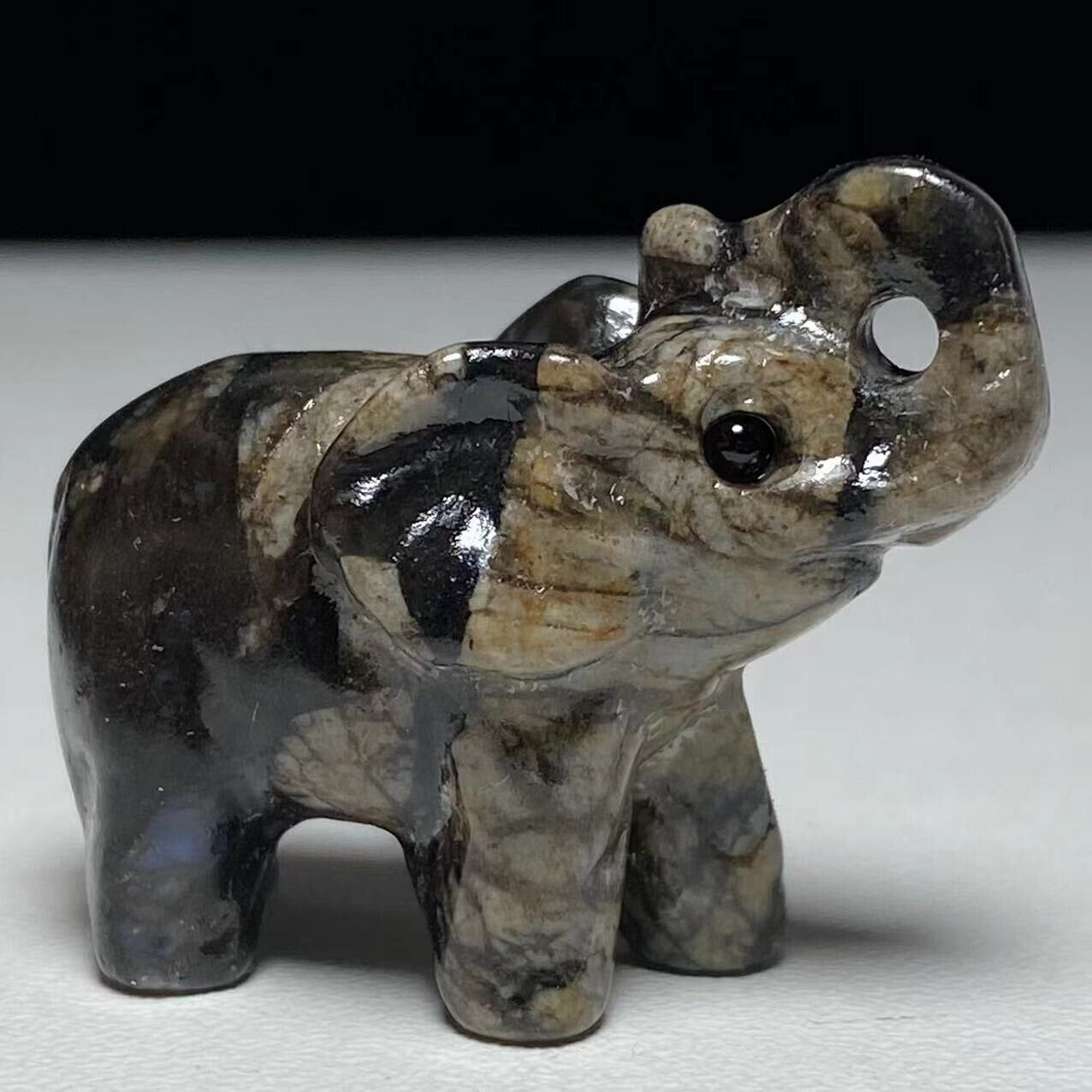 Unusual Stone Elephant, 17mm Tall, 16g (Gray, Brown, Black)