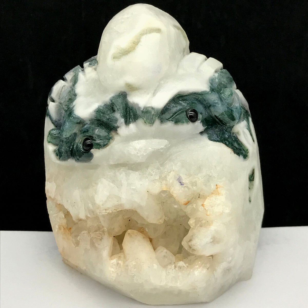 Rare Agate Beast with Quartz Crystals, 81mm Tall, 464g (White, Green, Orange)