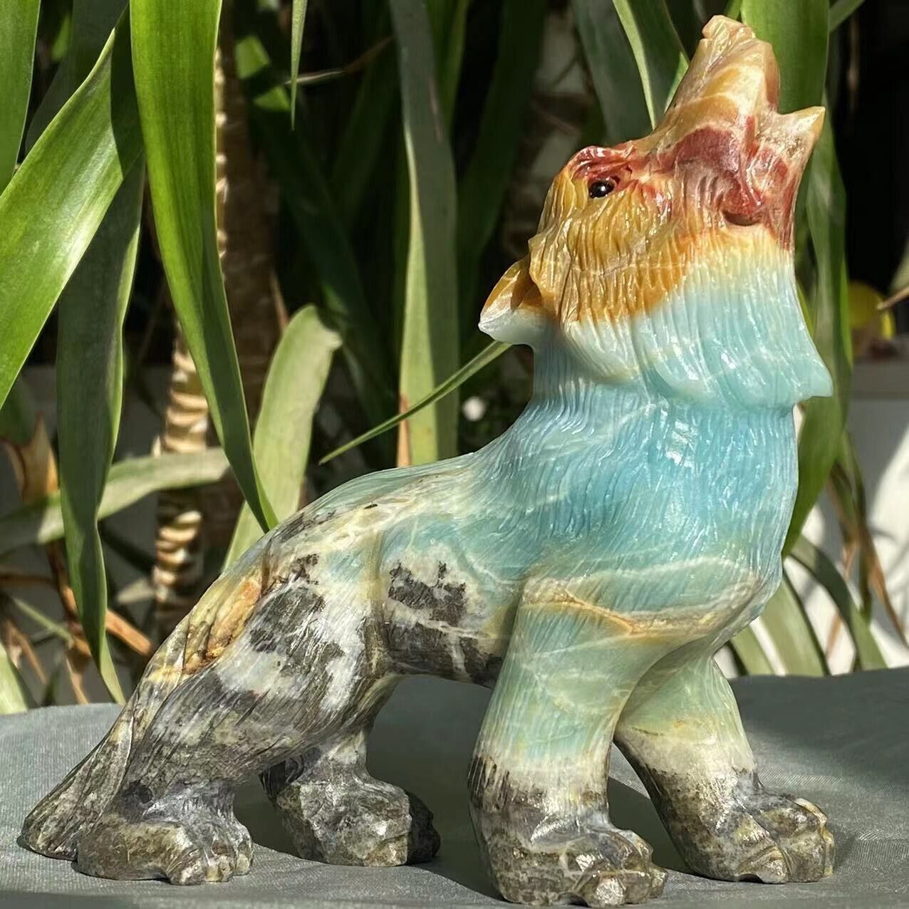 Stunning Amazonite Wolf with Pyrite Crystals, 117mm Tall, 404g (Blue, Red, Orange)