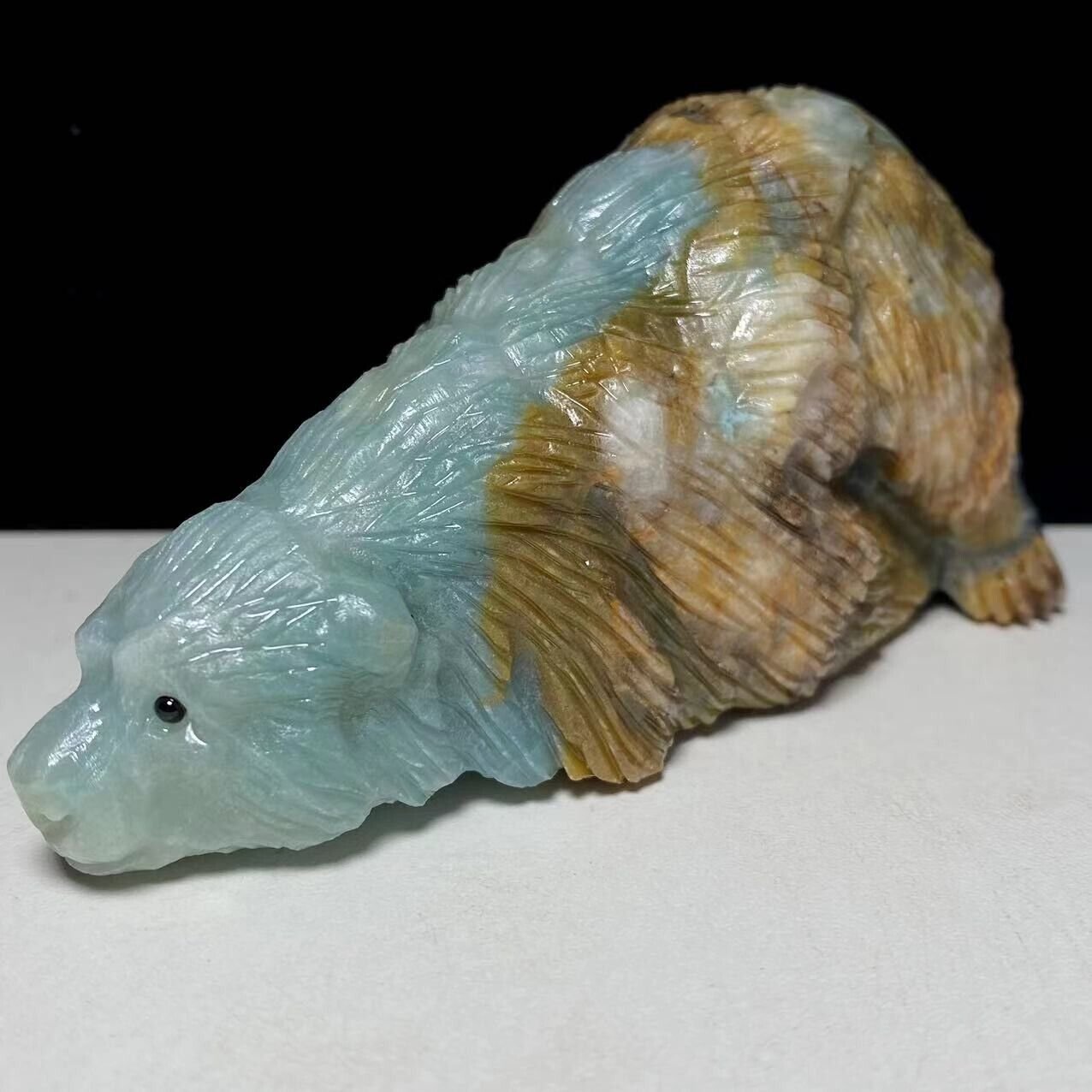 Rare Amazonite Bear with Pyrite Crystals, 119mm Tall, 335g (Blue, Yellow, Brown, Black, Gold)