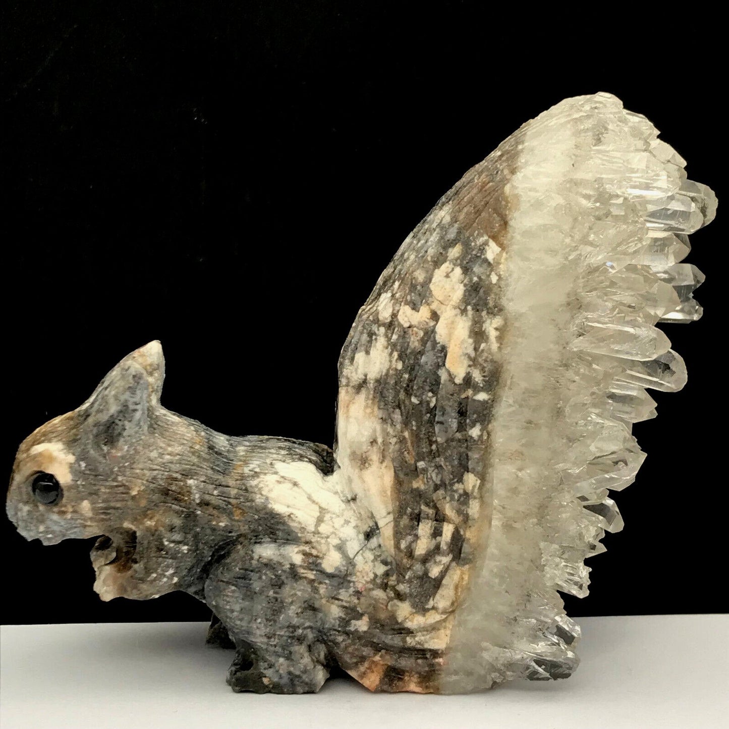 Stunning Stone Squirrel with Quartz Crystals, 78mm Tall, 206g (White, Clear, Brown)