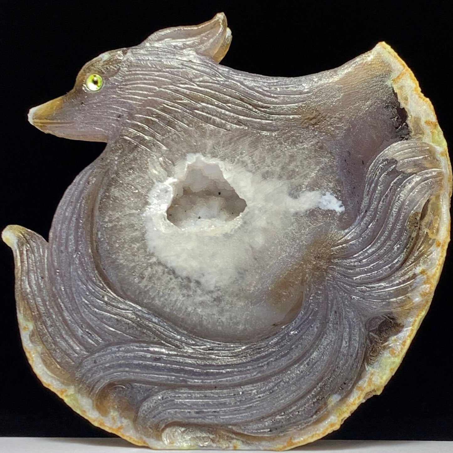 Stunning Agate Kitsune with Quartz Crystals, 101mm Tall, 274g (Purple, Clear, Yellow)