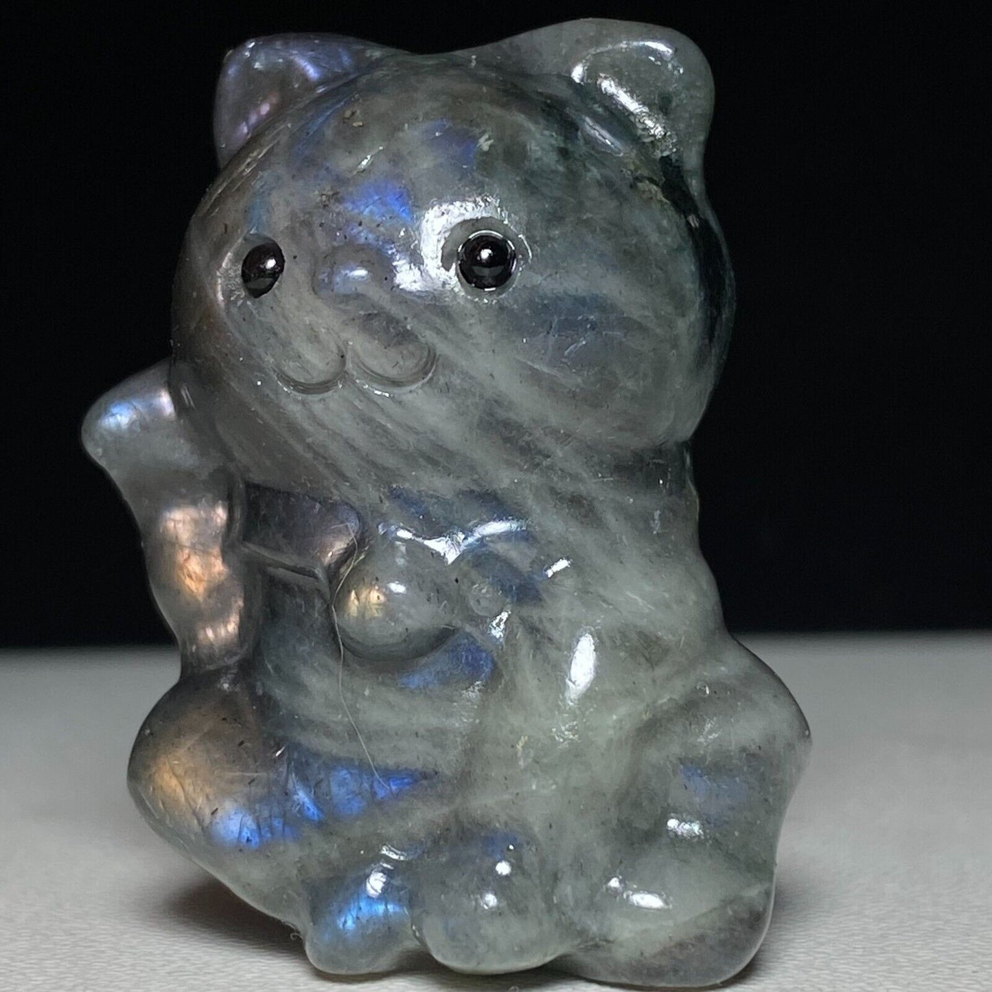 Rare Labradorite Lucky Cat, 36mm Tall, 30g (Rainbow, Blue, Gray)