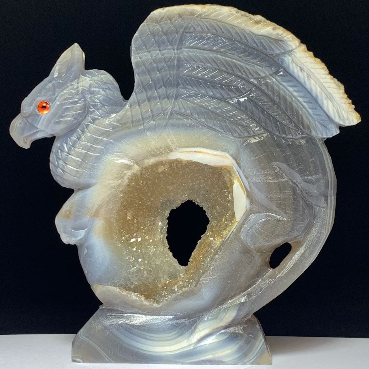Precious Agate Gryphon with Quartz Crystals, 247g (Purple, Clear, Yellow)