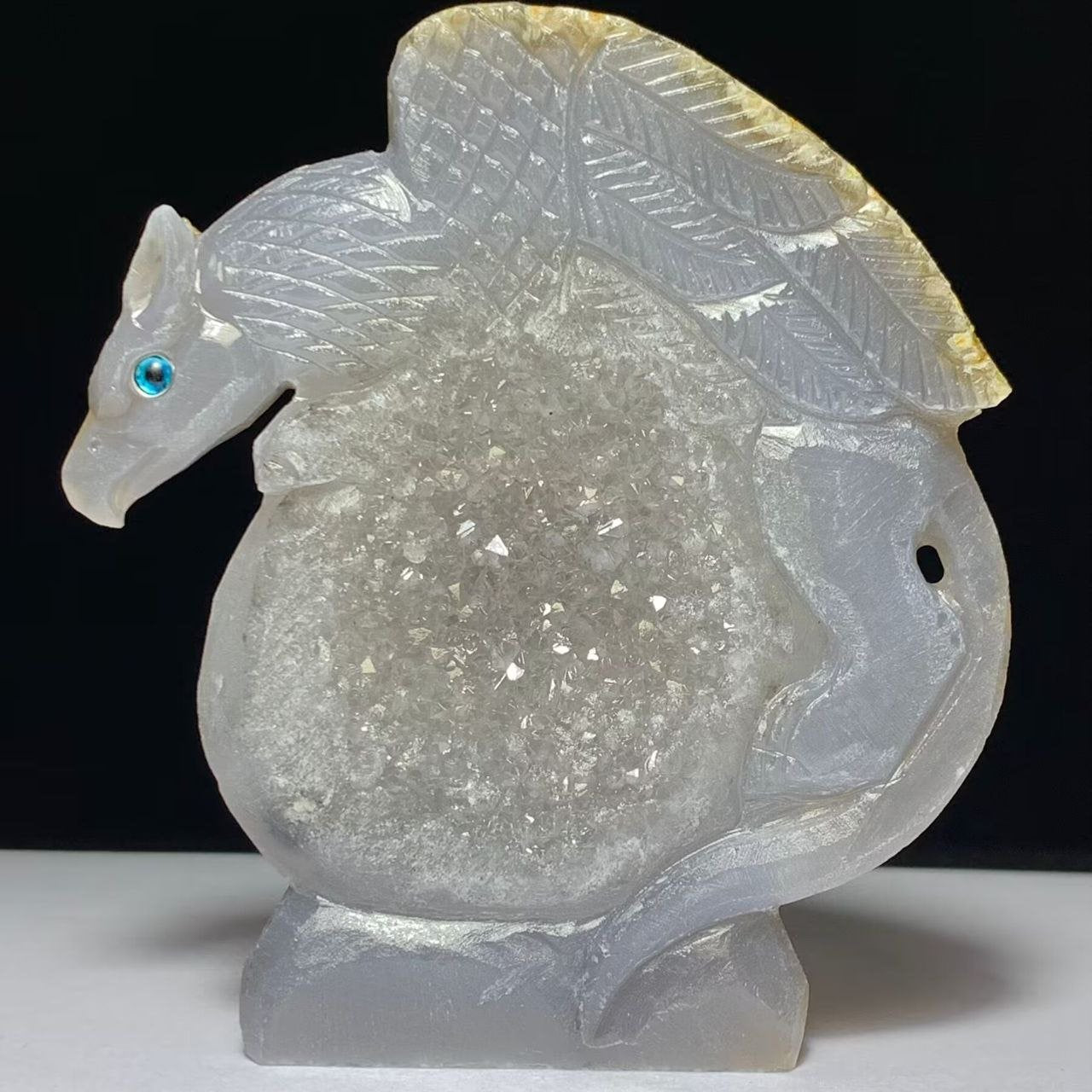 Stunning Agate Gryphon with Quartz Crystals, 211g (Purple, Clear, Yellow)