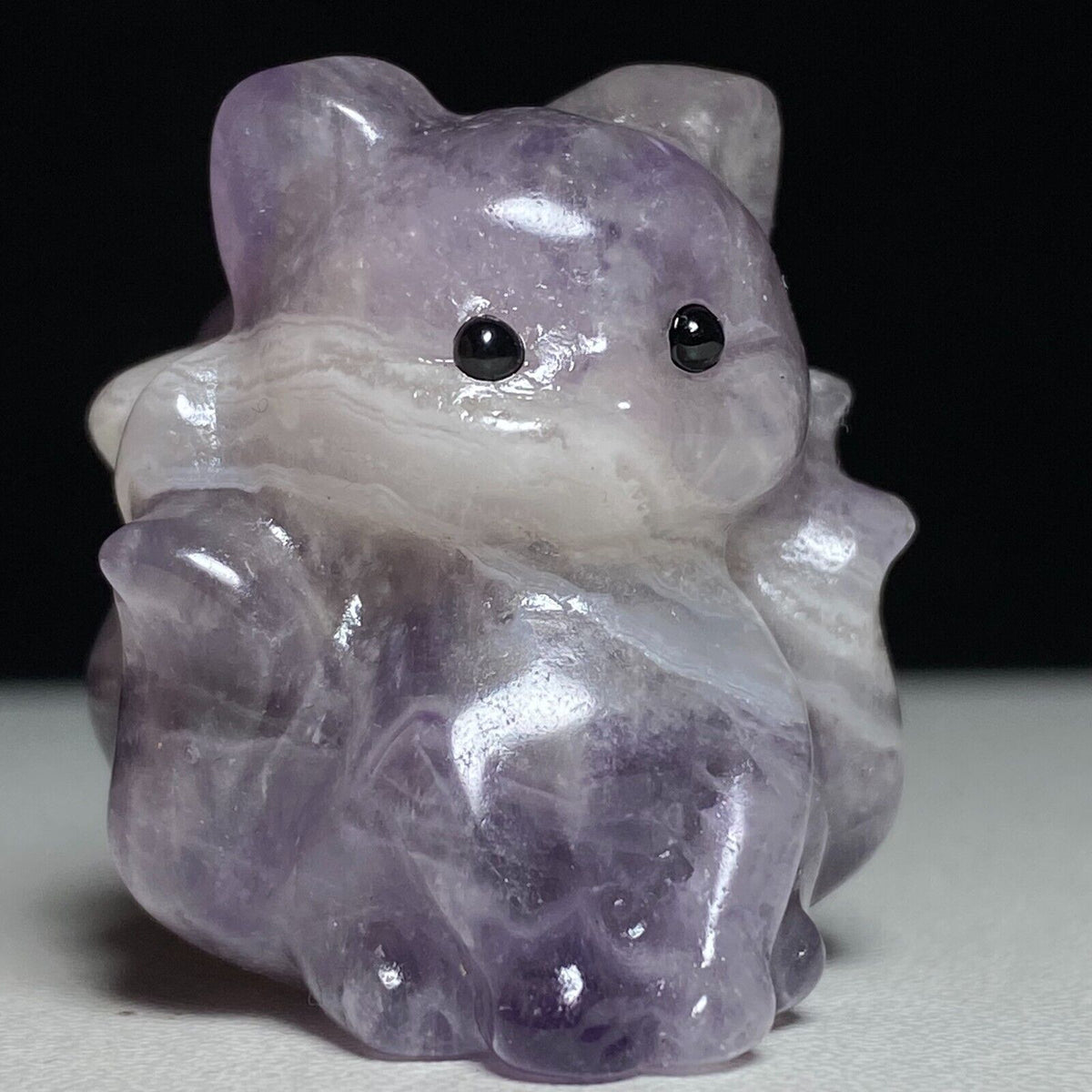 Rare Amethyst Sit Kitsune with Solid Crystals, 32mm Tall, 36g (Purple, White)