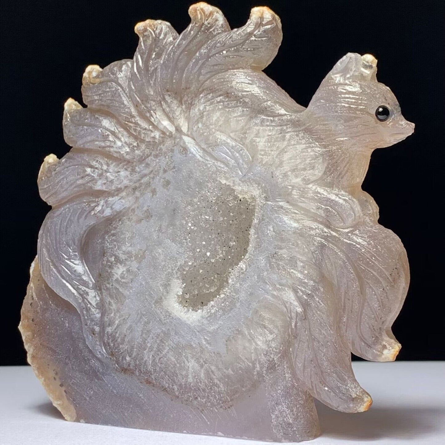 Precious Agate Kitsune with Solid Crystals, 93mm Tall, 240g (Purple, Clear)