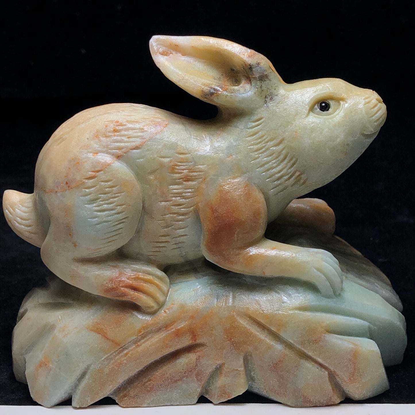 Precious Amazonite Rabbit with Geodic Quartz Crystals, 80mm Tall, 419g (Yellow, Orange, Green)