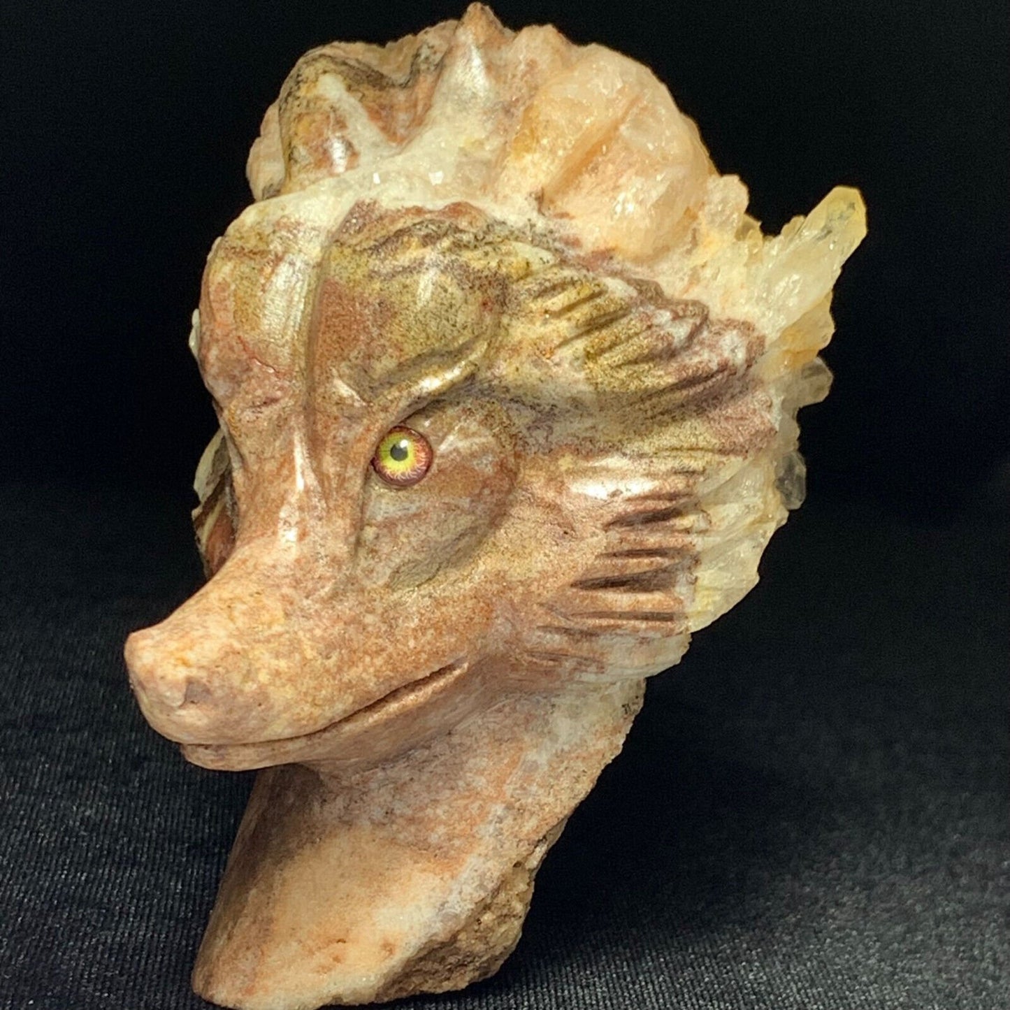 Rare Stone Fox with Citrine Crystals, 90.1mm Tall, 322.8g (Red, Orange, Clear)