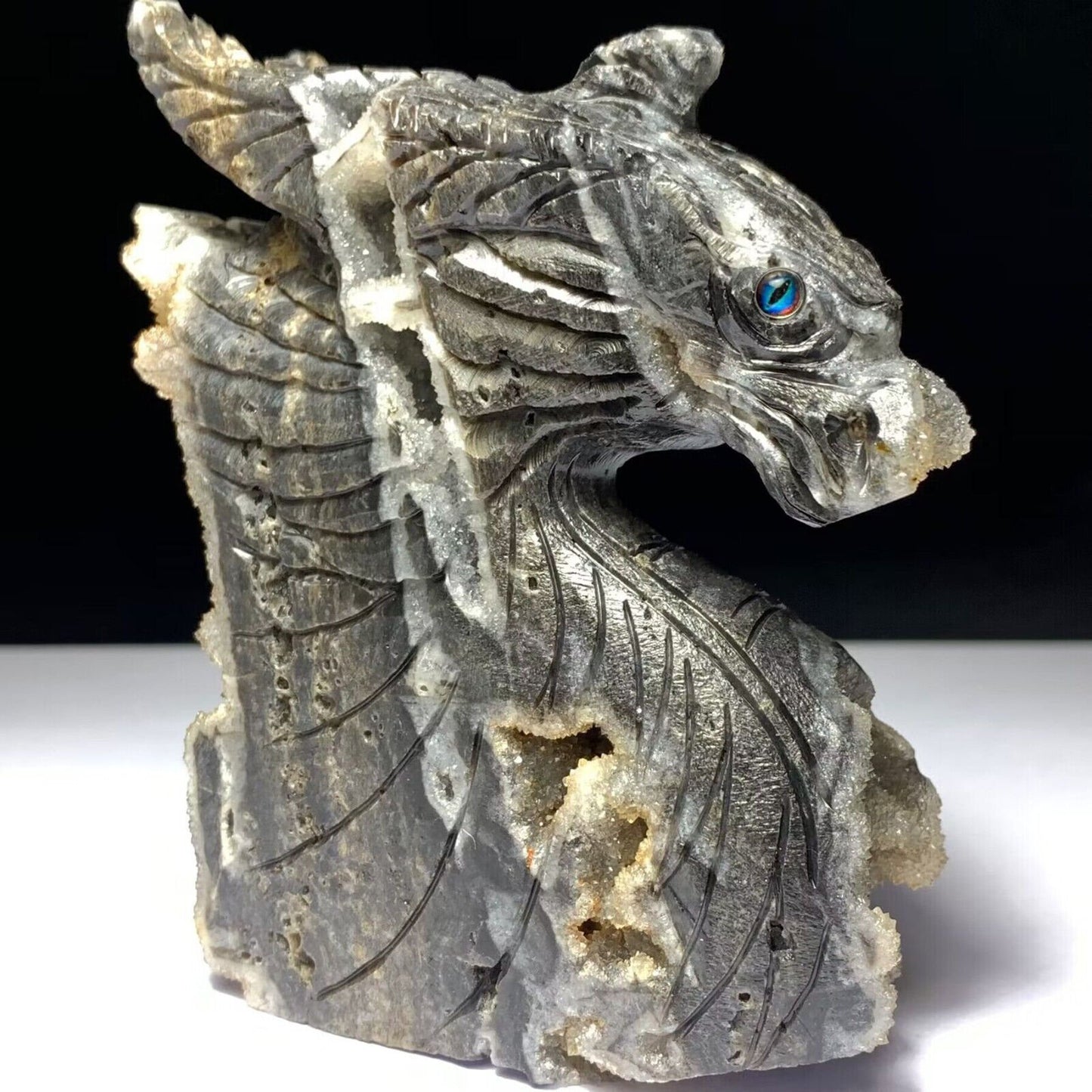Stunning Stone Dragon with Druzy Quartz Crystals, 100mm Tall, 325g (Gray, Black, Brown)