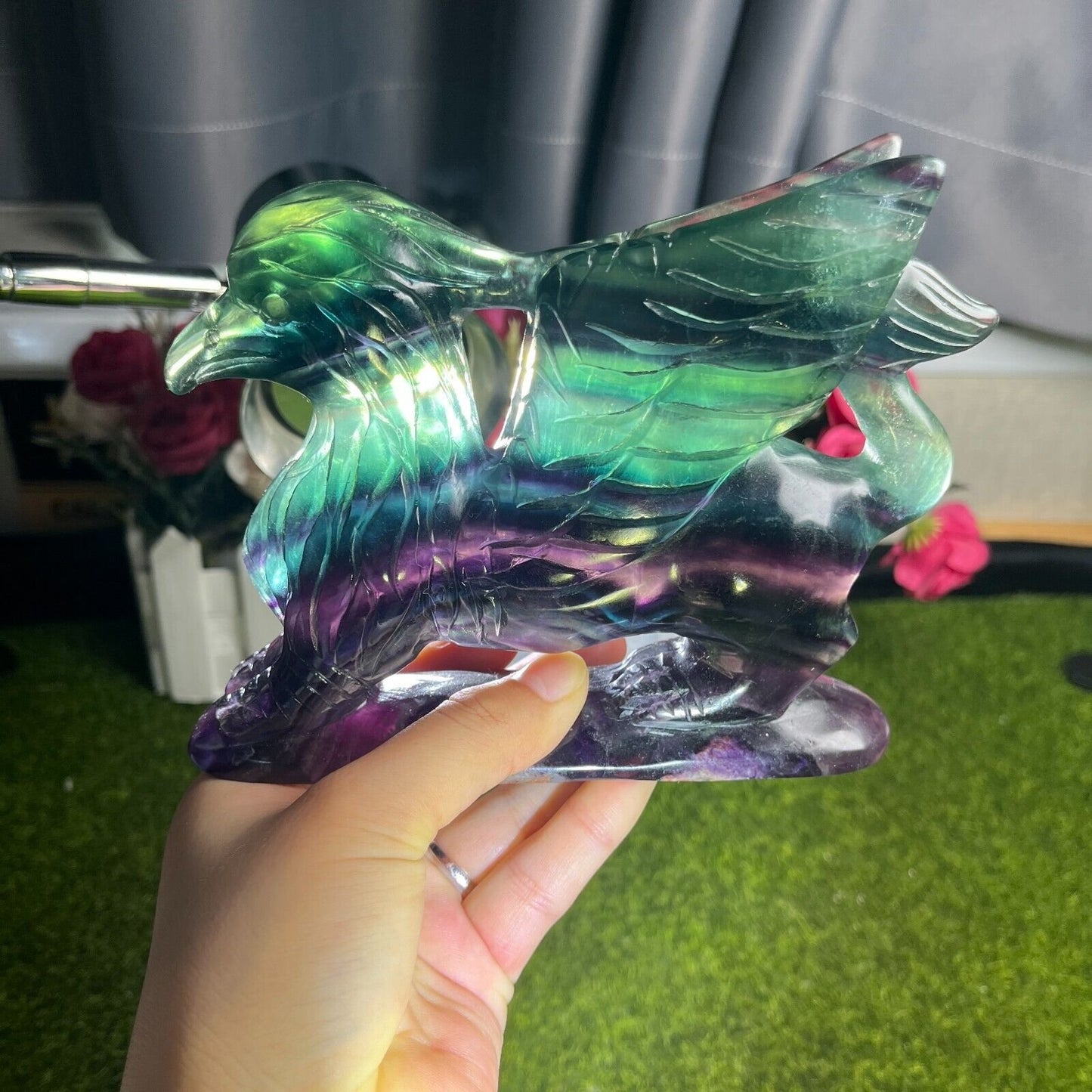 Exquisite Fluorite Gryphon with Solid Crystals, 114mm Tall, 913g (Green, Purple, Blue, Pink)