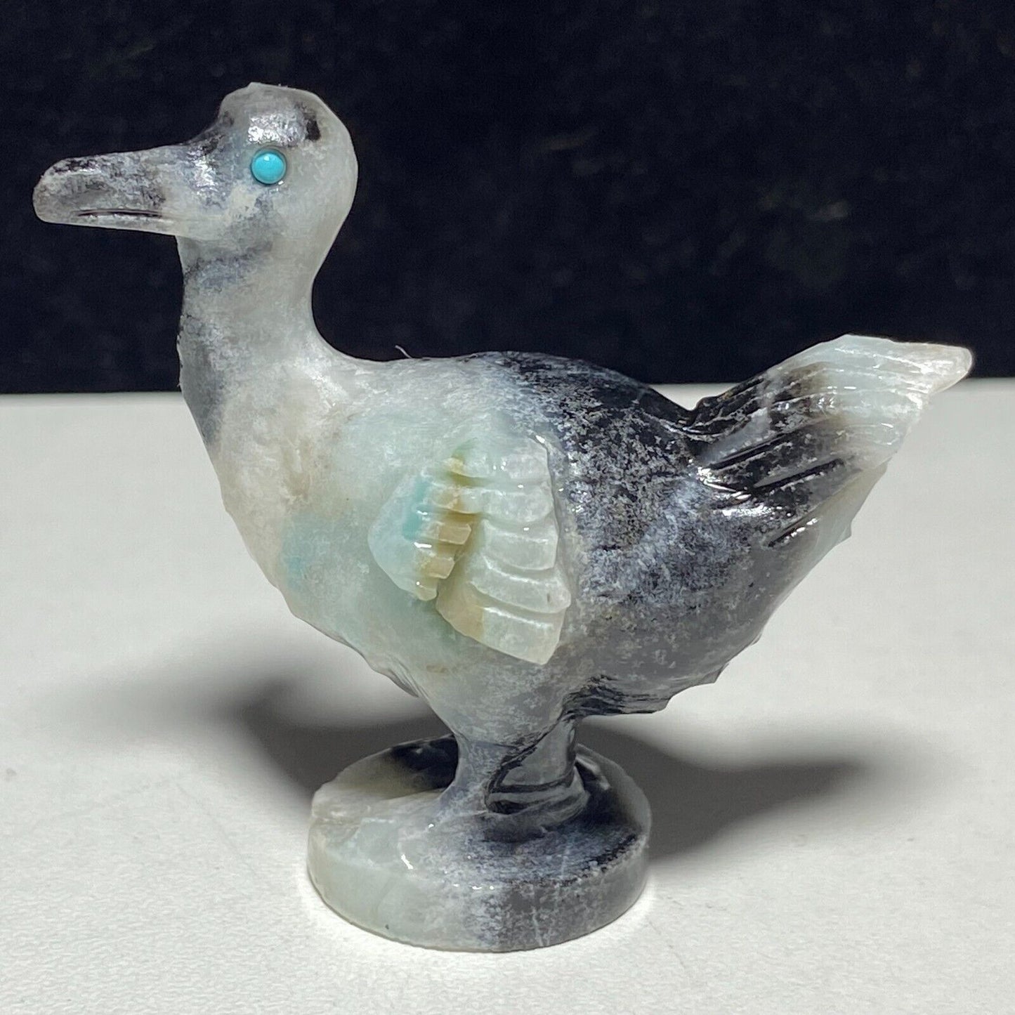 Rare Amazonite Dodo with Pyrite, Quartz Crystals, 48mm Tall, 25g (White, Black, Gray)