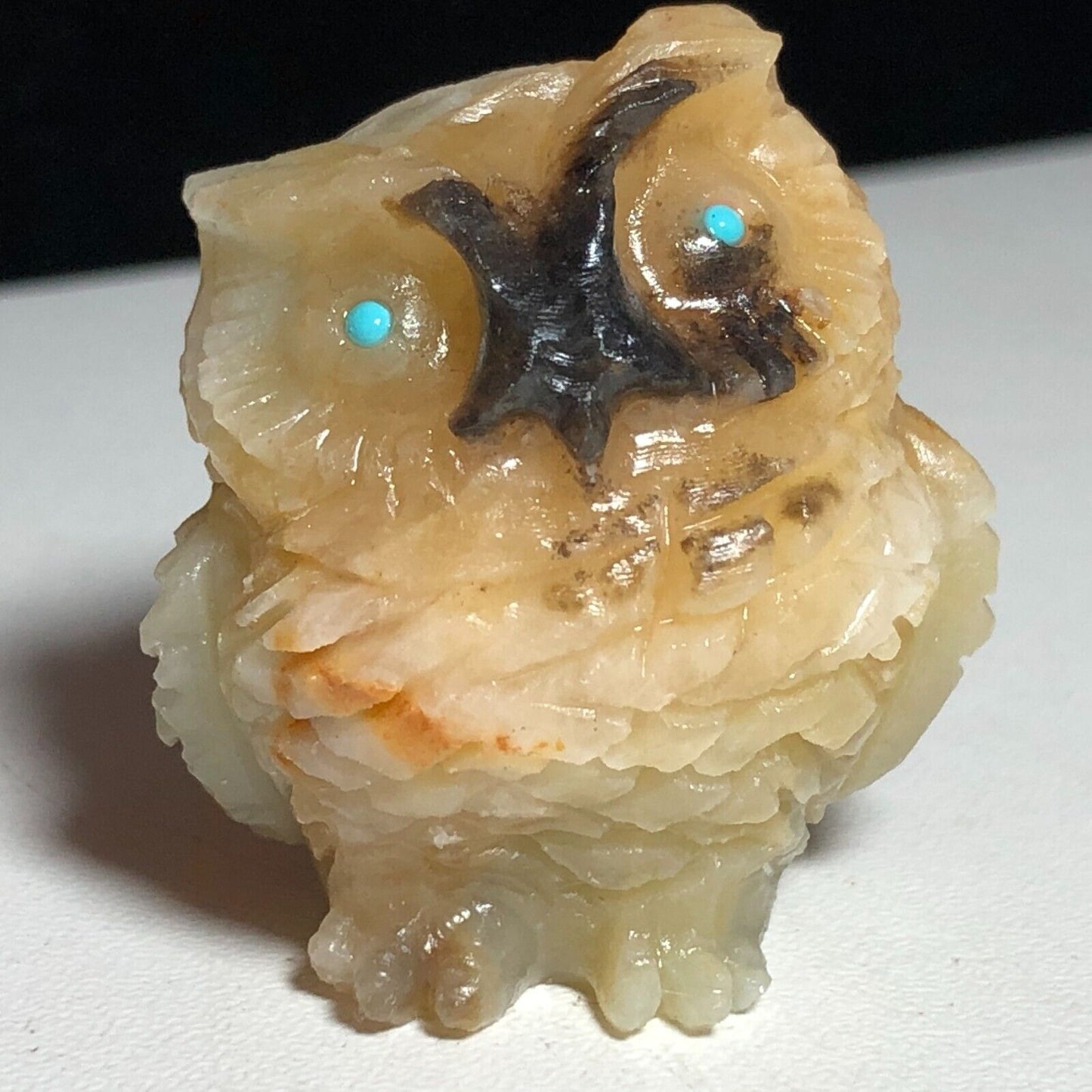 Rare Amazonite Owl, 35mm Tall, 31g (Cream, Black, Blue)