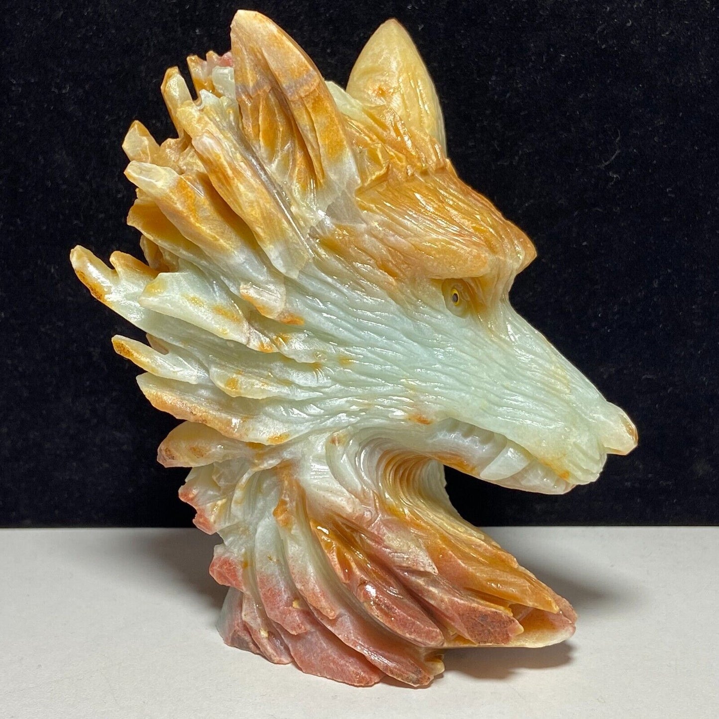 Amazonite Wolf, 104mm Tall, 448g (Orange, Red, Green)