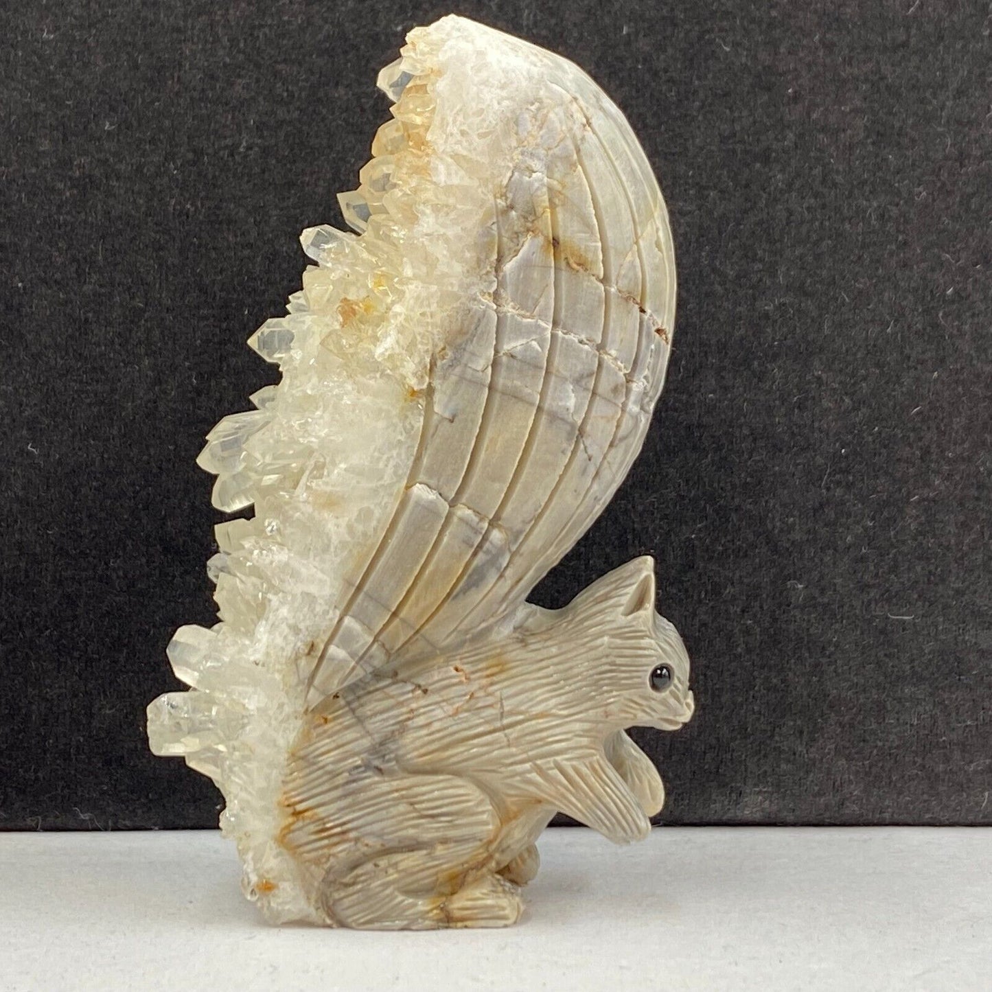 Unusual Stone Squirrel with Quartz Crystals, 84mm Tall, 150g (Gray, White, Cream)