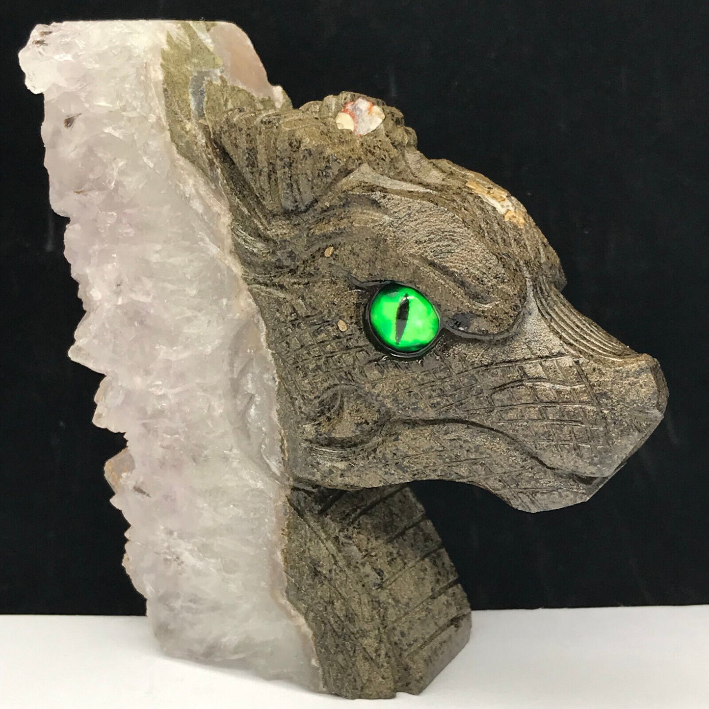 Rare Stone Dragon with Quartz Crystals, 80mm Tall, 211g (Gray, White, Green)