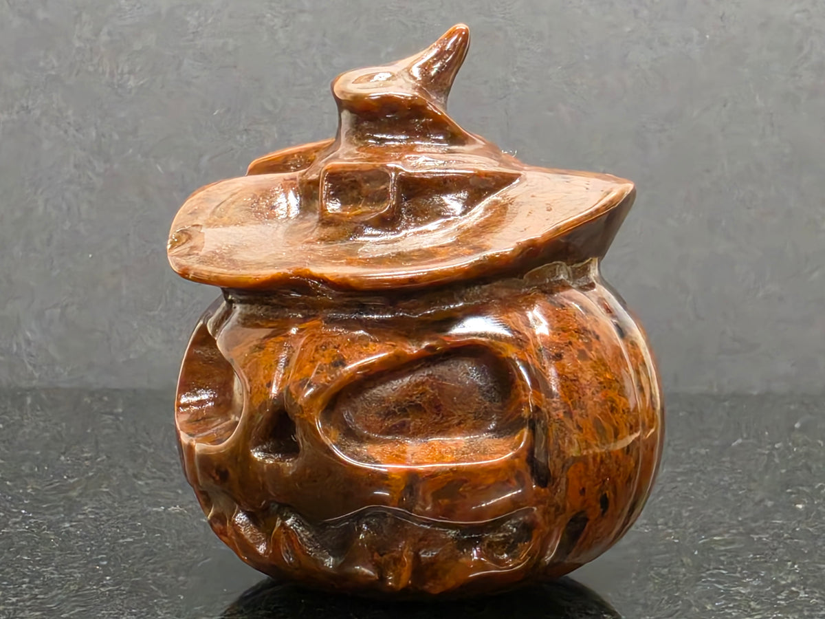 Unusual Mahogany Obsidian Jack-O-Lantern, 67mm Tall, 246g (Orange, Red, Black)