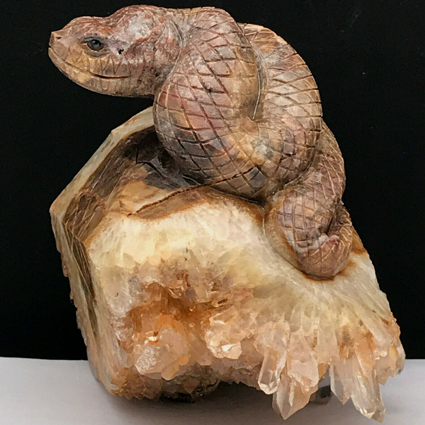 Precious Stone Snake with Quartz Crystals, 91mm Tall, 566g (Brown, Orange, White)
