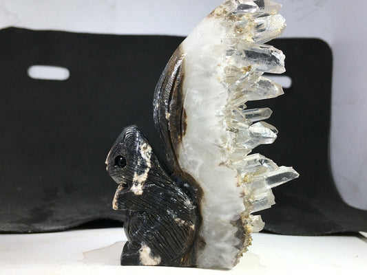Unusual Stone Squirrel with Quartz Crystals, 18mm Tall, 98g (Brown)