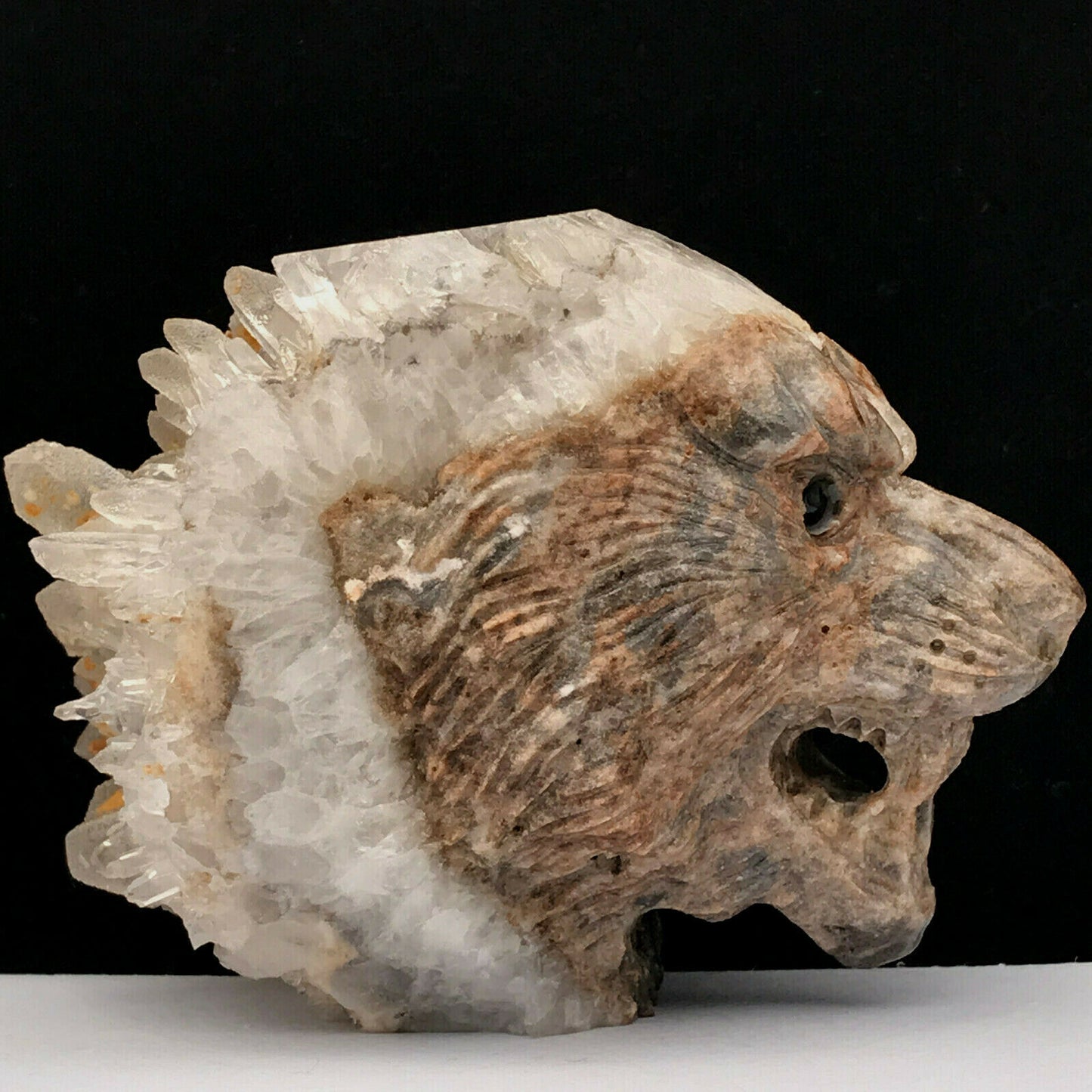 Unusual Stone Tiger with Quartz Crystals, 69mm Tall, 402g (Orange)