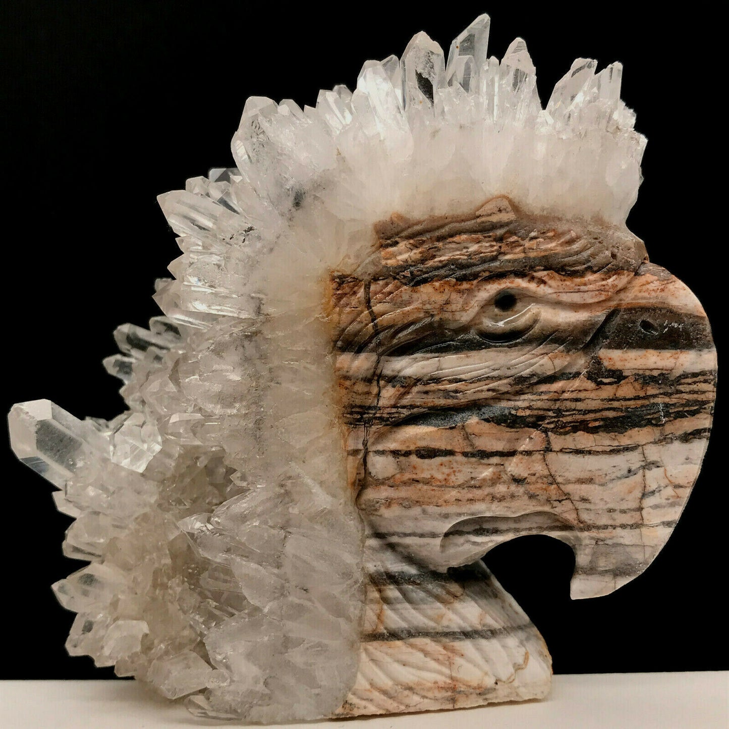 Unusual Stone Parrot with Quartz Crystals, 90mm Tall, 327g (Brown)