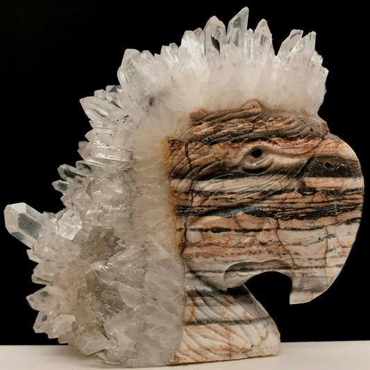Unusual Stone Parrot with Quartz Crystals, 90mm Tall, 327g (Brown)