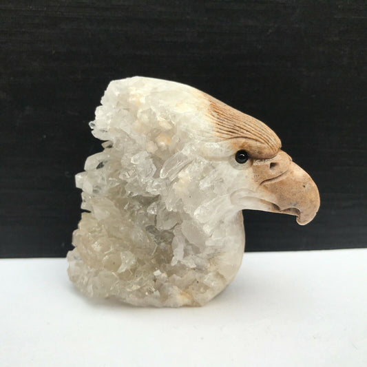 Unusual Stone Eagle with Quartz Crystals, 64mm Tall, 219g (Brown White)