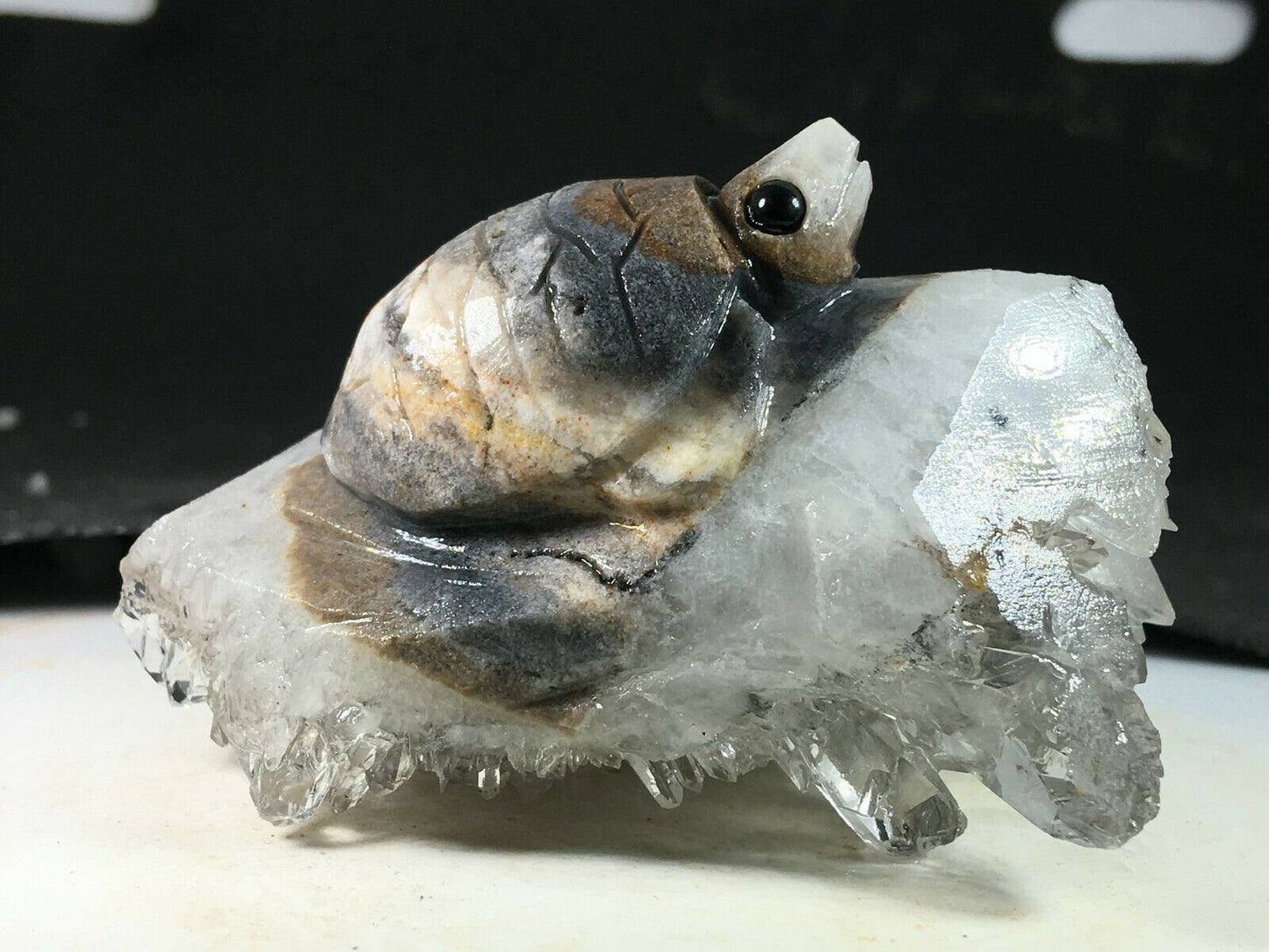 Unusual Stone Tortoise with Quartz Crystals, 45mm Tall, 104g (Brown)