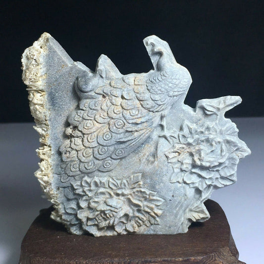 Unusual Stone Peacock with Quartz Crystals, 15mm Tall, 174g (Blue, Gray, White)
